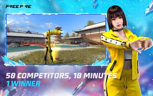 Free Fire character selection screen with vibrant hero abilities and costume options