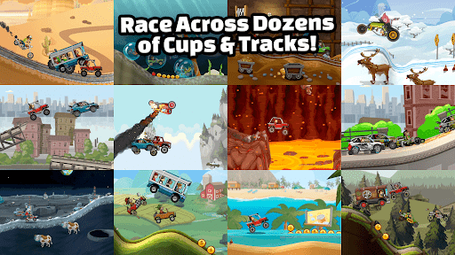 Hill Climb Racing 2 monster truck launching off a steep ramp over a mountain gap with coins scattered midair