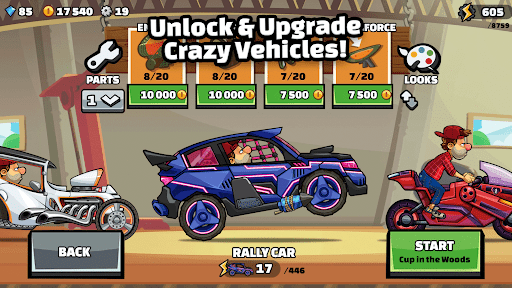 Hill Climb Racing 2 vehicle upgrade screen showing engine, grip, and suspension improvement options