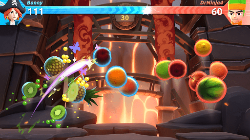 Fruit Ninja classic mode with a perfectly timed swipe slicing three fruits in a single combo