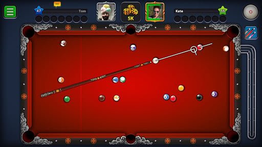 8 Ball Pool match in progress showing the aiming guideline, green felt table, and coin wager display