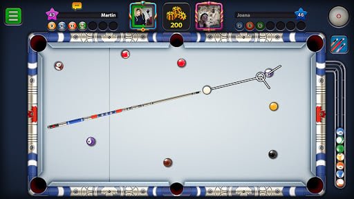 8 Ball Pool cue collection screen showing various premium and earnable cues with stats