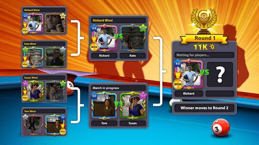 8 Ball Pool tournament bracket displaying player matchups and prize pool information