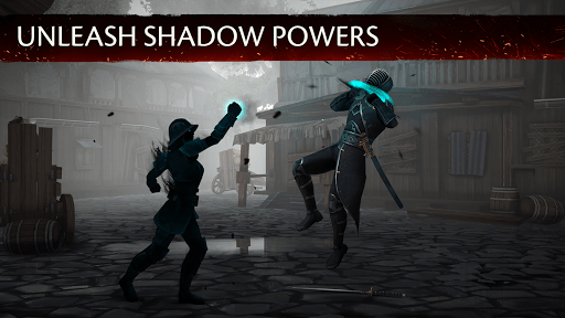 Intense close-quarters combat between two shadow warriors with particle effects from weapon clash