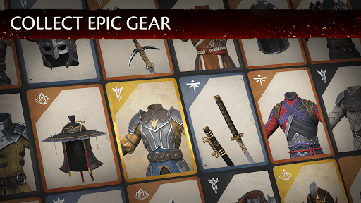 Shadow Fight equipment screen showing detailed armor sets and weapon statistics