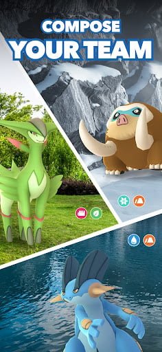 Raid battle lobby with multiple trainers gathering to fight a legendary Pokémon at a gym