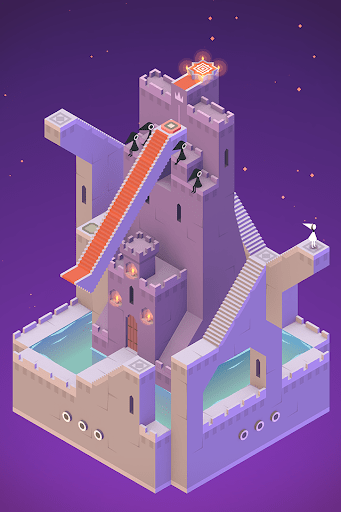 Princess Ida standing atop an Escher-inspired tower with rotating stairways and pastel pink sky beyond