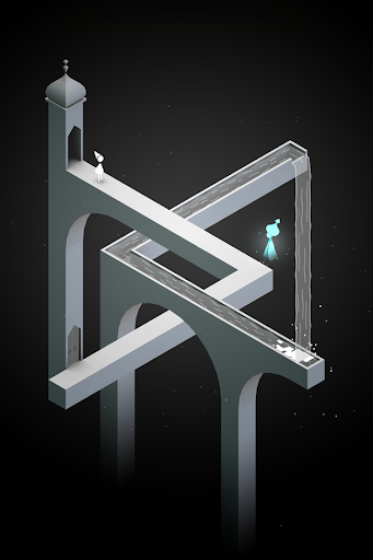 Ida navigating a warm amber-lit temple with interlocking impossible staircases
