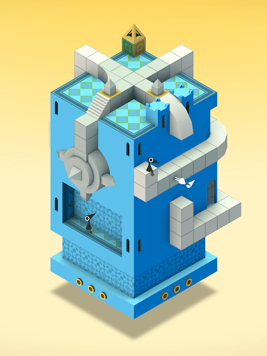 The Totem character standing on a teal-colored platform while Ida waits above on a rotating bridge