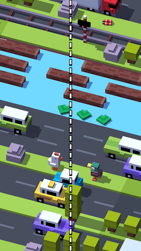 Crossy Road voxel chicken navigating a busy highway with colorful blocky cars and lush green landscape