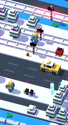 Multiple Crossy Road characters lined up in the selection screen with vibrant voxel art style
