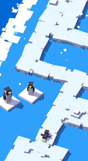 Crossy Road river crossing with colorful logs floating on blue water between green banks